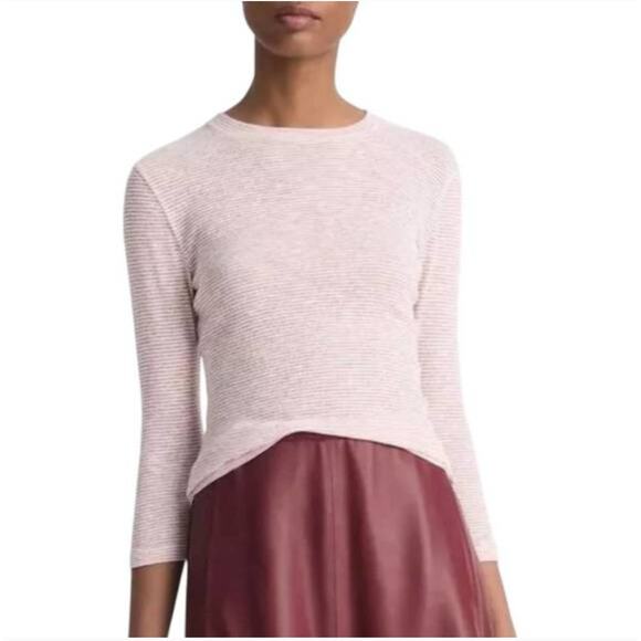 Vince XL Micro-Stripe Cotton-Blend Three-Quarter-Sleeve T-Shirt Pink White - Picture 1 of 8